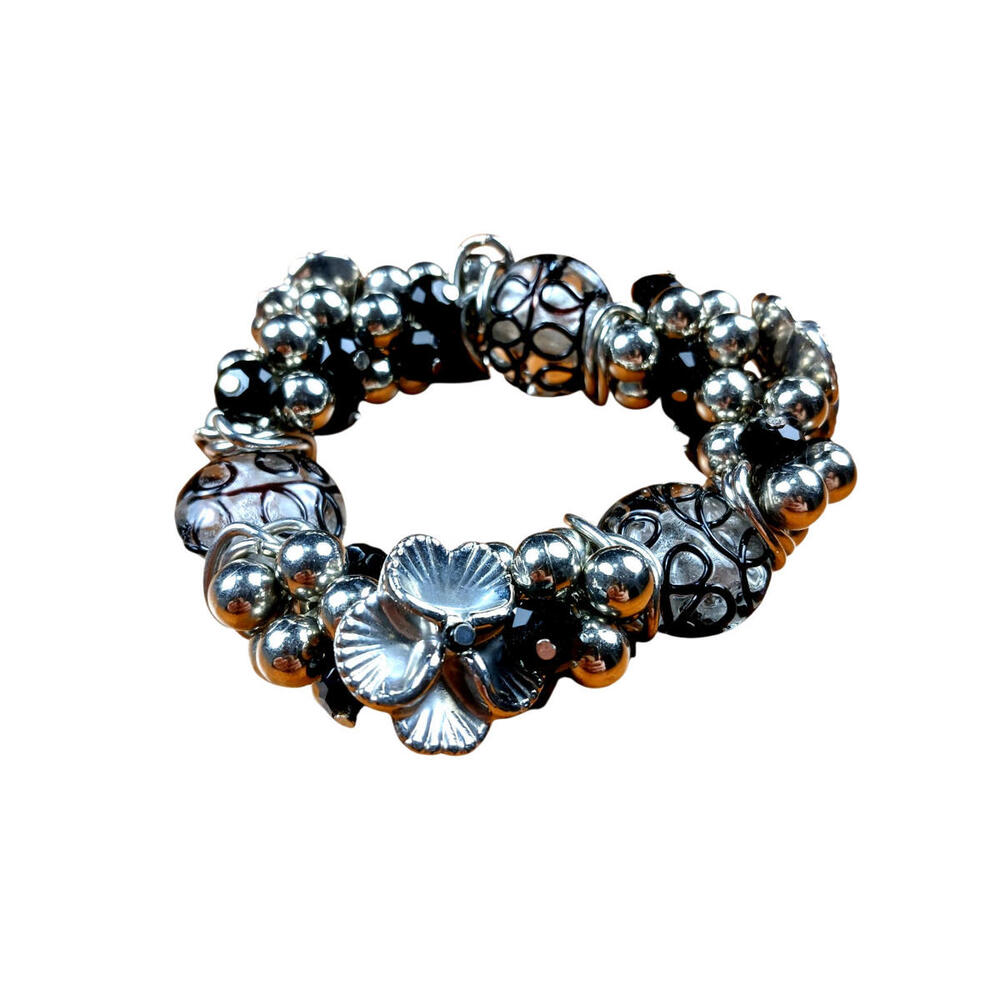Silver Black Floral Beaded Stretch Boho Bracelet